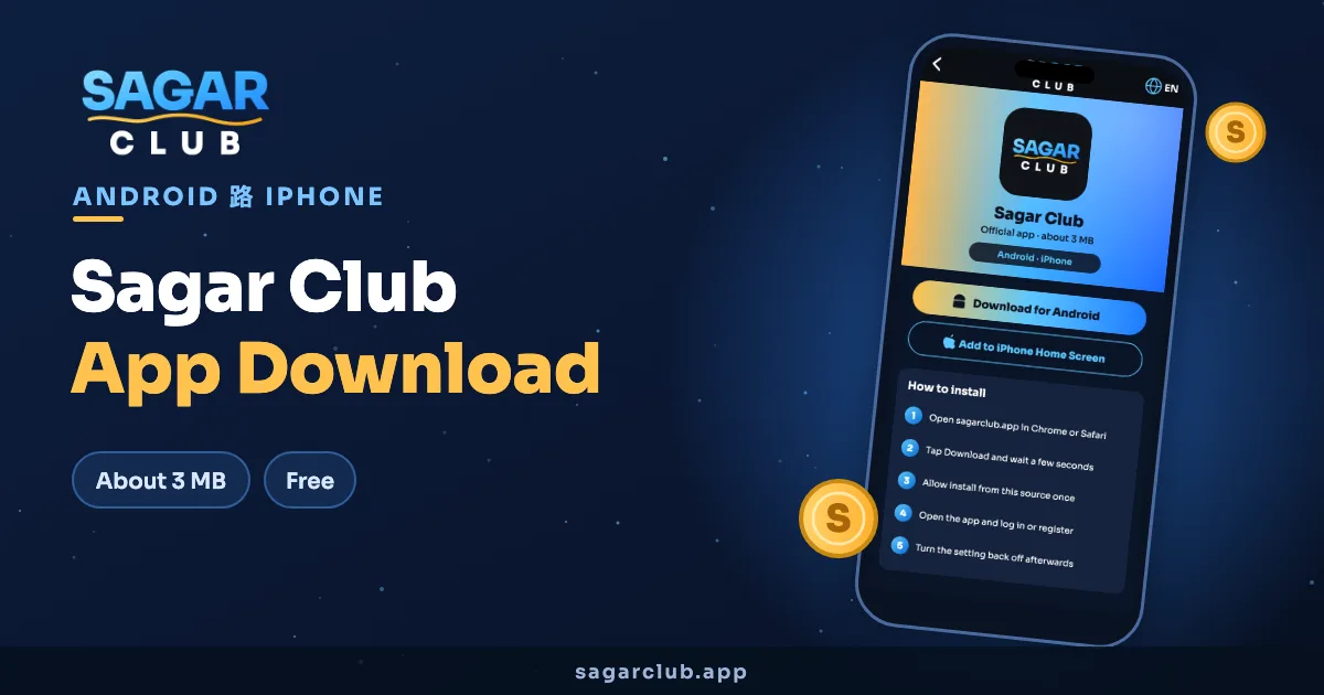 Sagar Club app download banner for Android and iPhone
