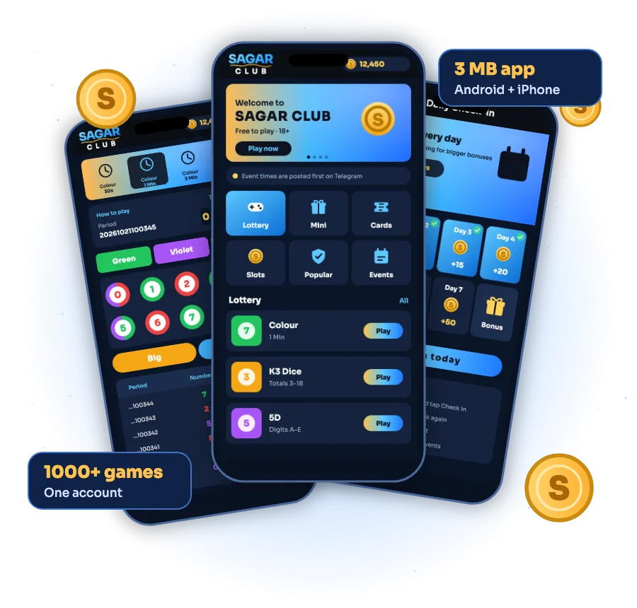Sagar Club app screens: lobby, colour prediction and daily check-in