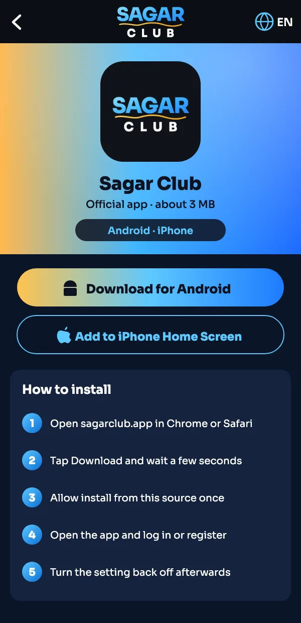 Sagar Club app download screen with Android and iPhone buttons