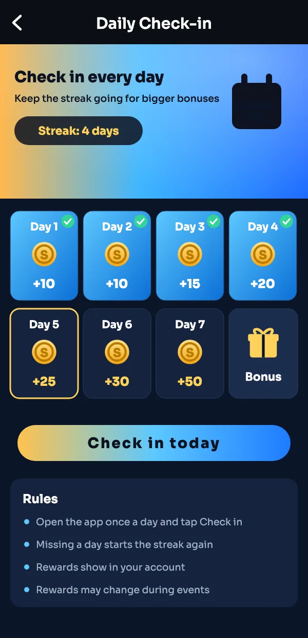 Sagar Club daily check-in screen