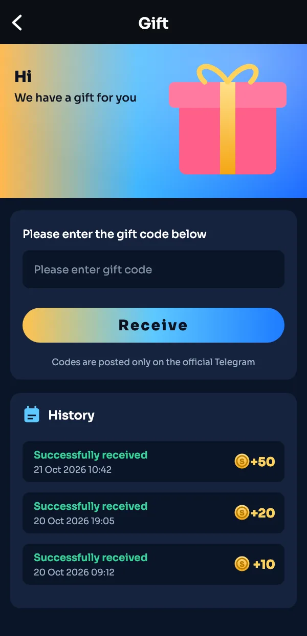 Sagar Club gift code screen