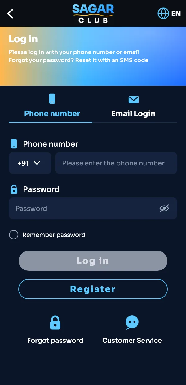 Sagar Club login screen with phone number and email tabs